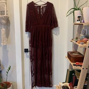Burgundy Lace Plunge Neckline Maxi Dress